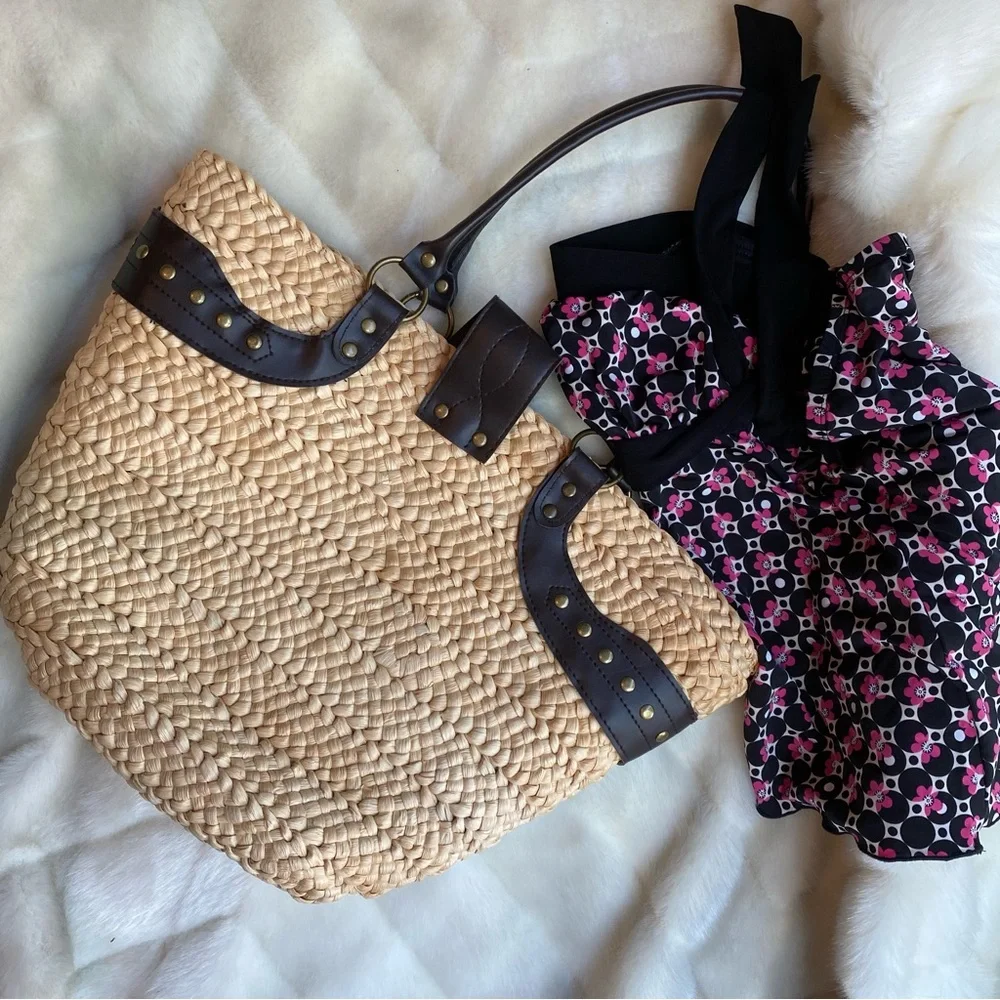 Large wicker 90’s embroidered brown cane beach bag - Picture 5 of 5